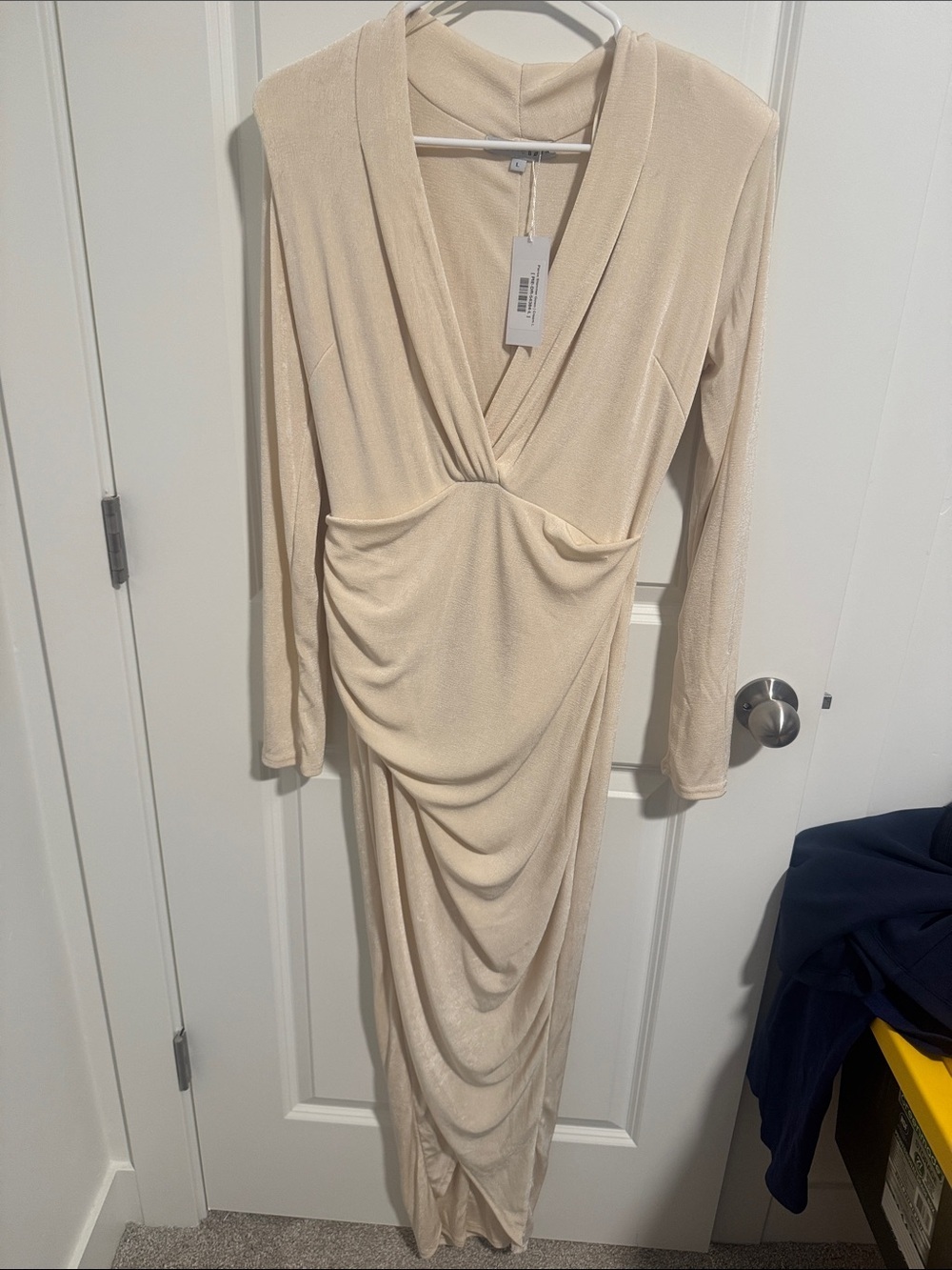 Baltic Born Long Sleeve Cream Draped V-Neck Maxi Dress